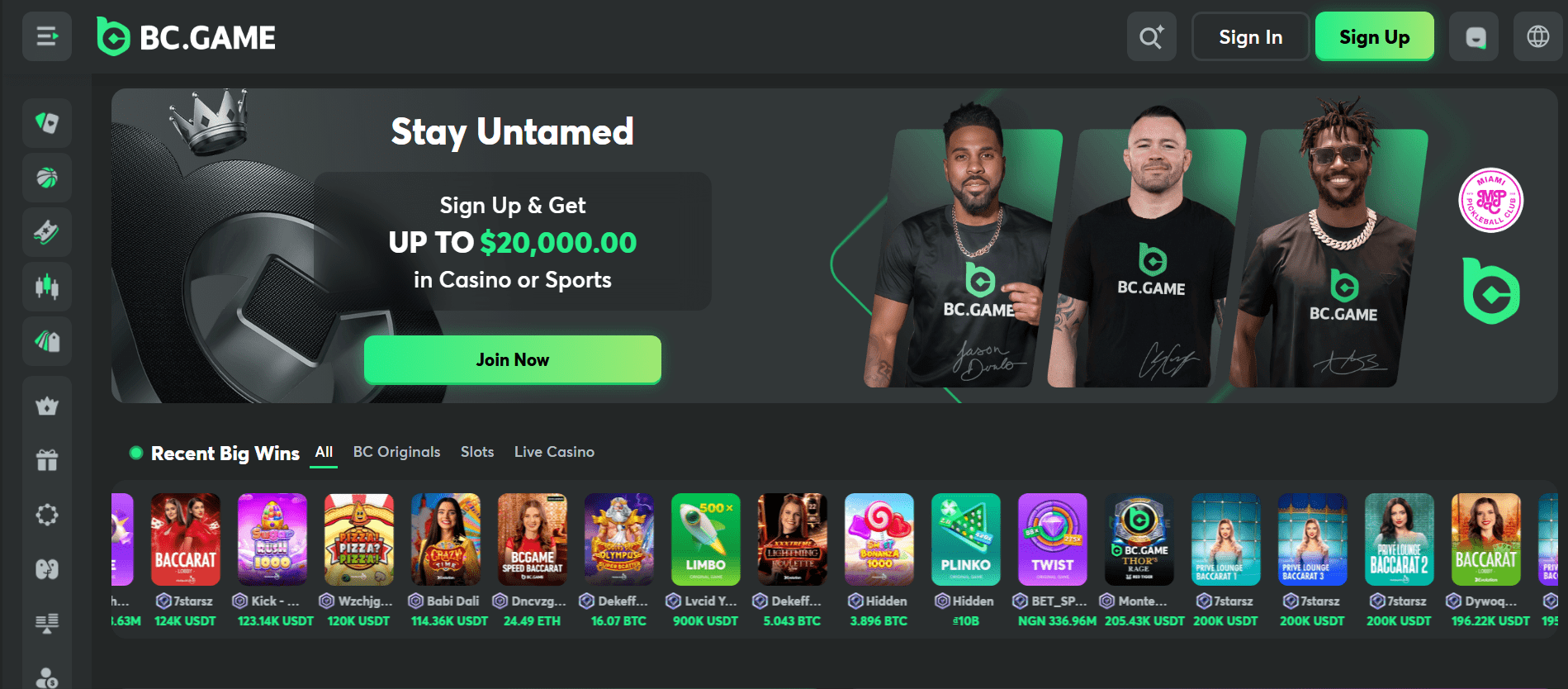 Homepage of BC Game casino displaying multi-crypto USDT support and provably fair games