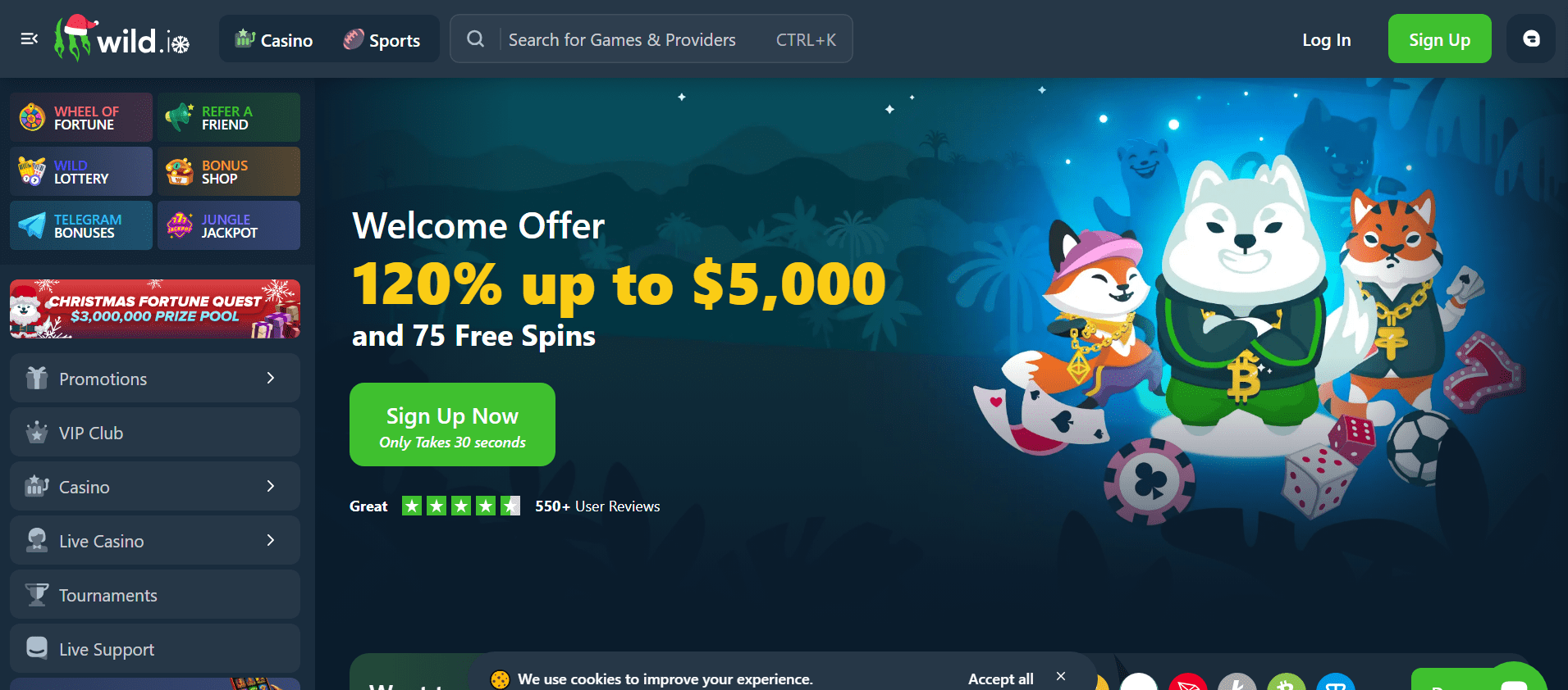 Platform view of Wild.io casino featuring large jackpots and high-volatility rewards